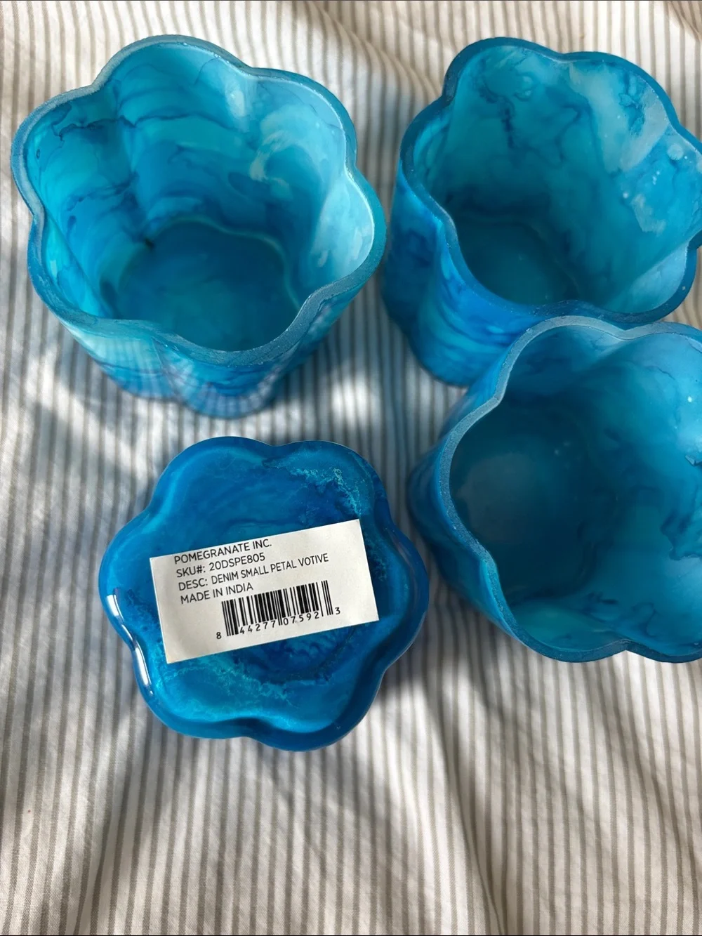 Set of 4 Blue Floral Glass votive candle holders